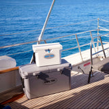 Coolers on a boat deck with ocean and sky in the background