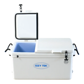 ICEY TEK 70L Hard Cooler — split lid variant, lid open, white