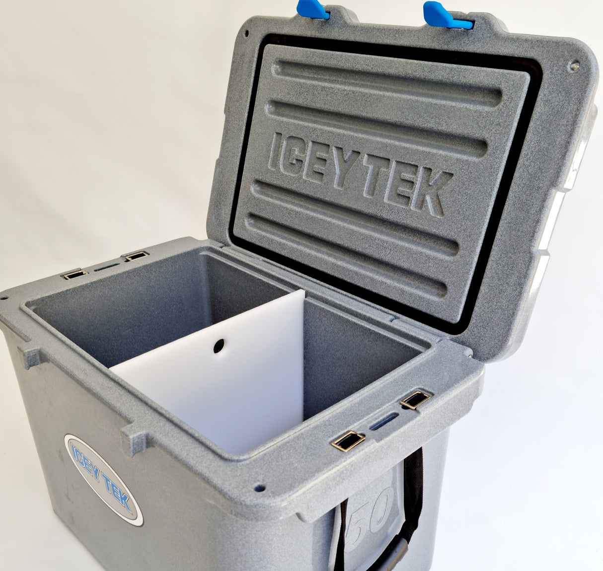 ICEY TEK 50L cooler divider and chopping board — side view
