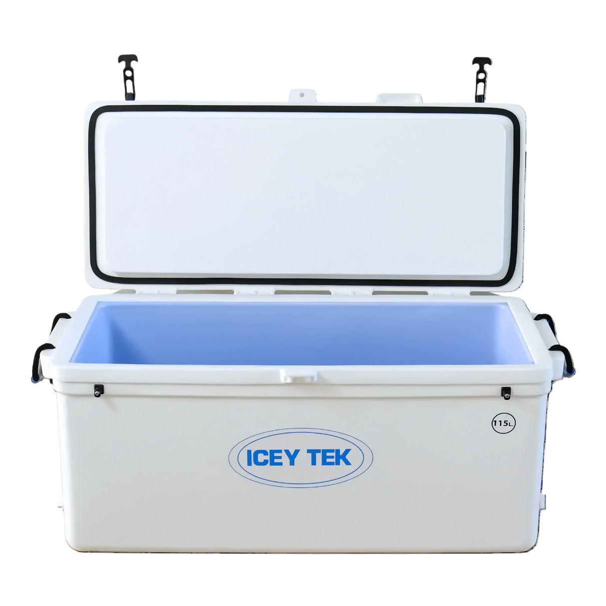 ICEY TEK 115L Hard Cooler — lid open showing internal capacity